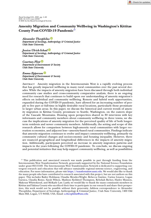 Amenity Migration and Community Wellbeing in Washington’s Kittitas County Post-COVID-19 Pandemic*