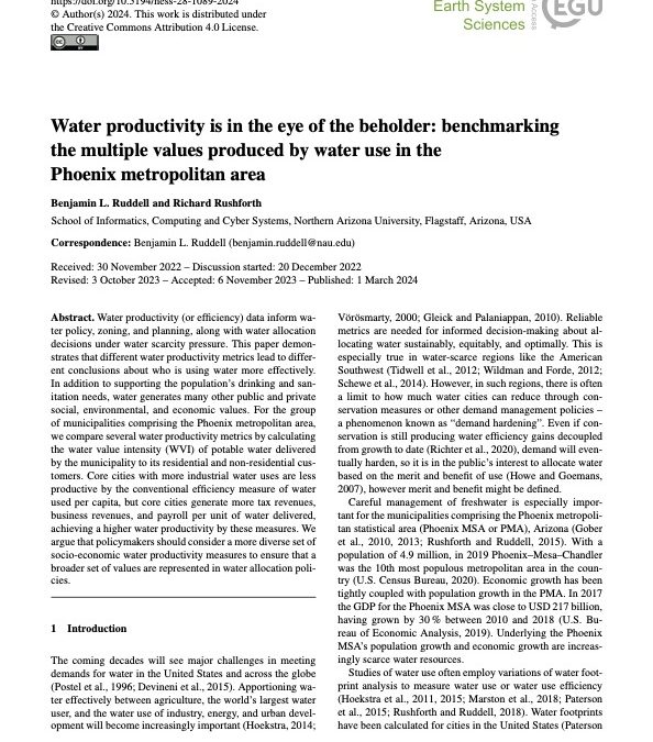 Water productivity is in the eye of the beholder: benchmarking the multiple values produced by water use in the Phoenix metropolitan area