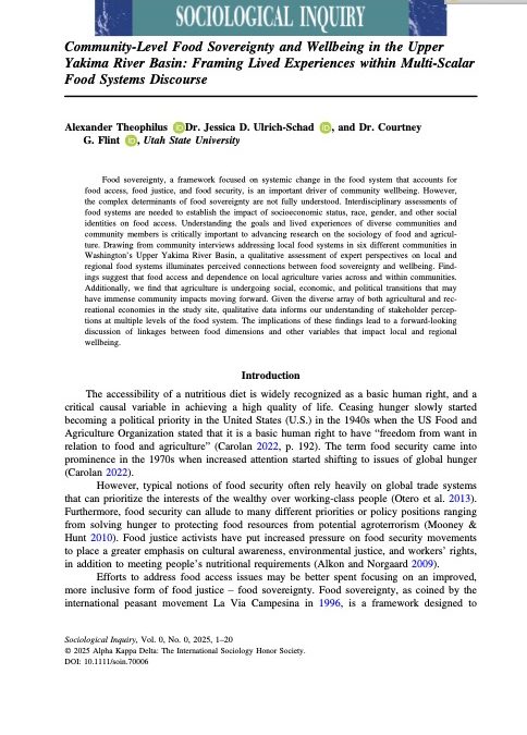 Community-Level Food Sovereignty and Wellbeing in the Upper Yakima River Basin: Framing Lived Experiences within Multi-Scalar Food Systems Discourse