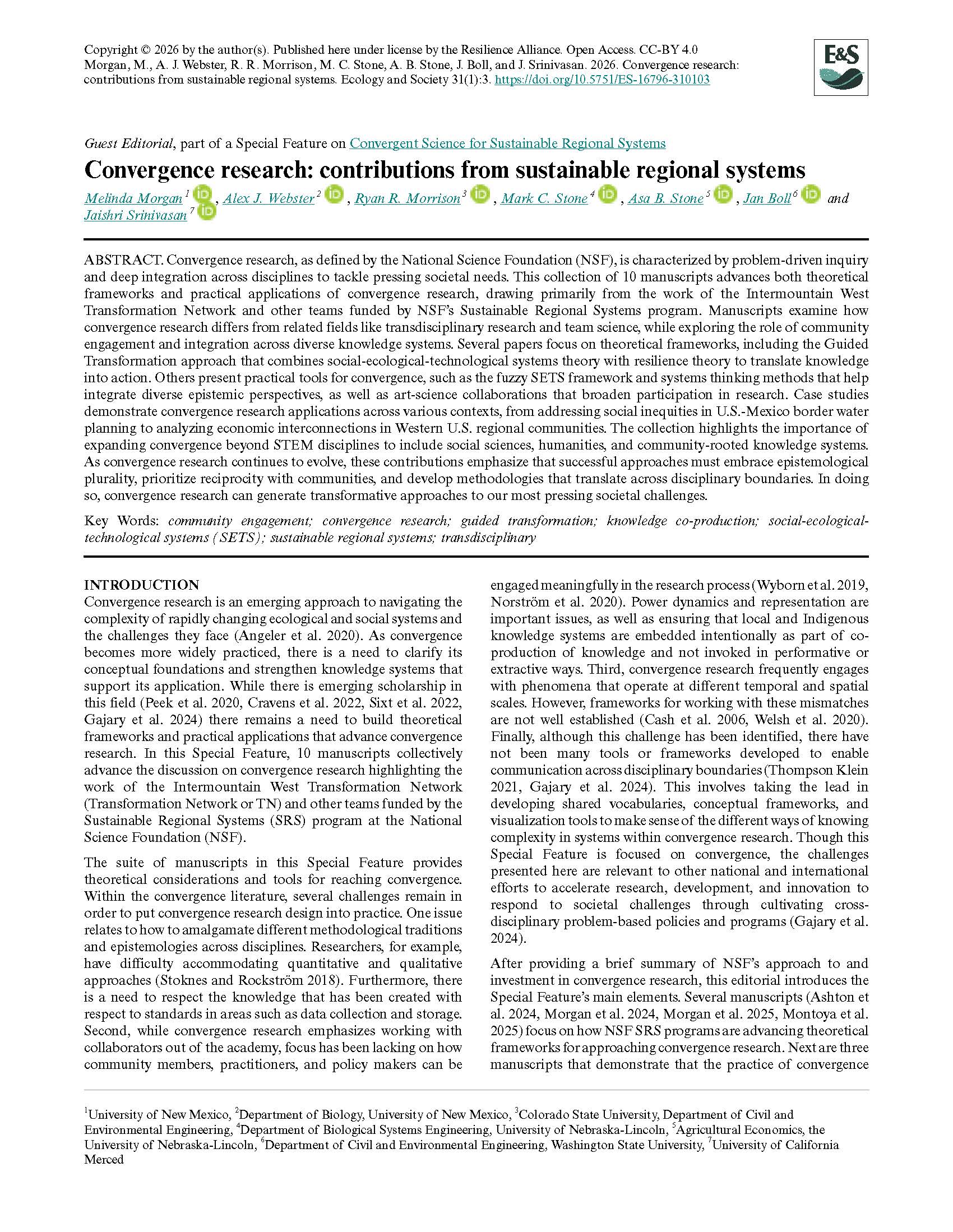 Convergence research: contributions from sustainable regional systems