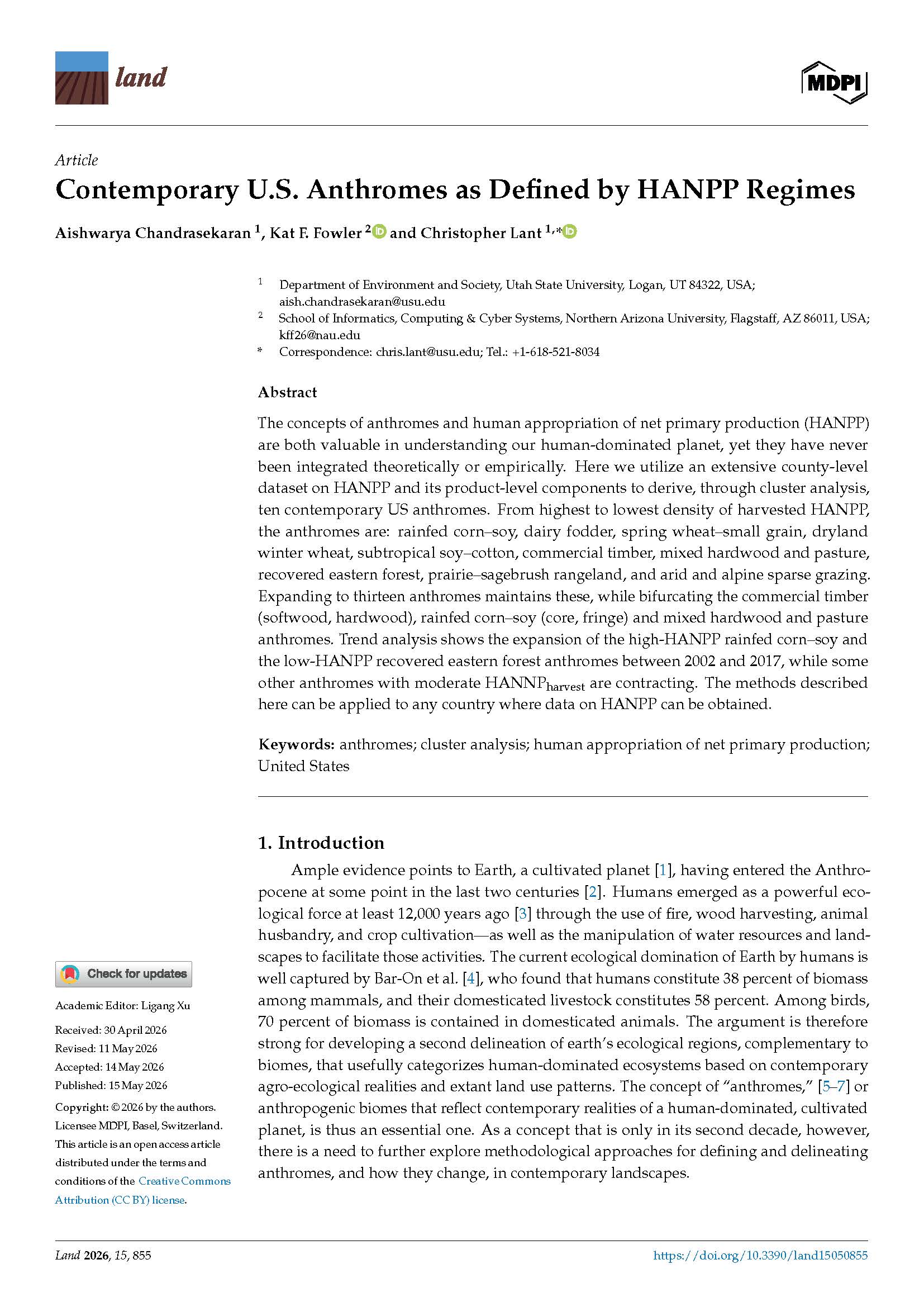 Contemporary U.S. Anthromes as Defined by HANPP Regimes