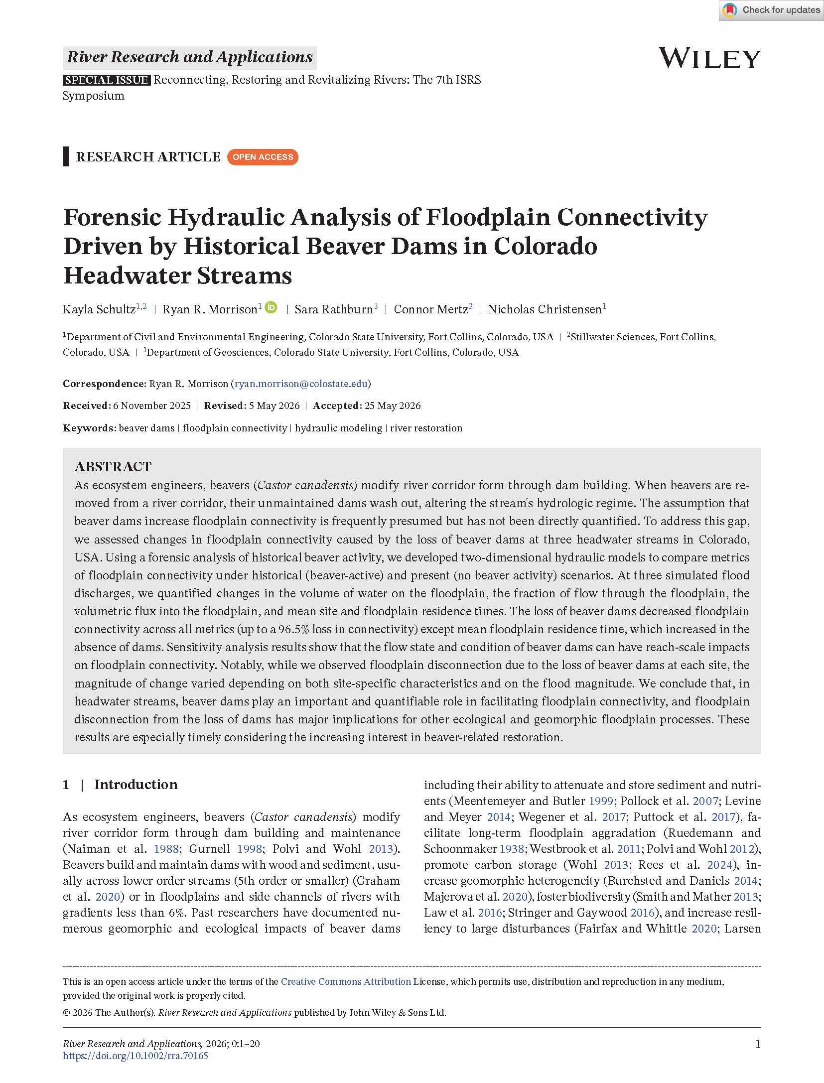 Forensic Hydraulic Analysis of Floodplain Connectivity Driven by Historical Beaver Dams in Colorado Headwater Streams